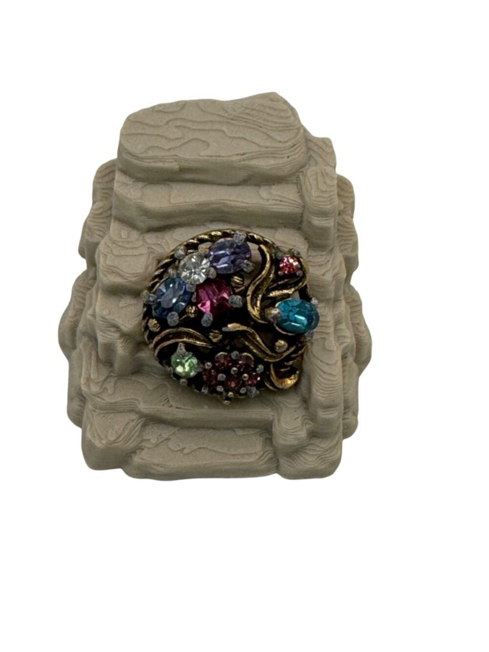 Hollycraft Brooch Multi-Color Rhinestones Round Filigree Design 7.4g 1" Vintage